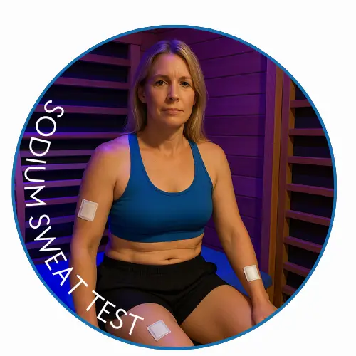 a woman in an infrared sauna with patches on her forearm, thigh,and upper arm, doing a sodium sweat test