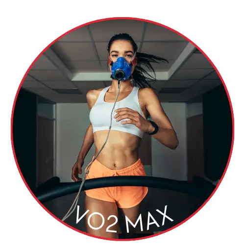 woman running on a treadmill with a mask on, doing a vo2 max test